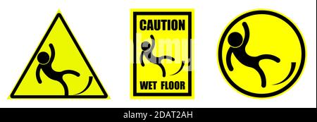 Set of warning signs slippery floor on a yellow background. Isolated vector Stock Vector