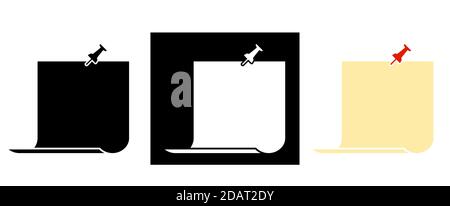 Black and white icon, paper sheet pinned with a pin. Reminder, for daily notes. Isolated vector Stock Vector