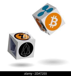 dice for blockchain casino with cryptocurrency logos, luck Stock Vector