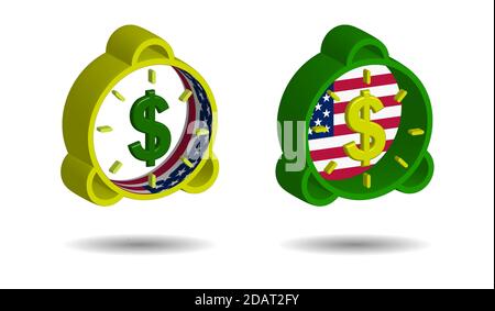 set of multi-colored alarm clocks in 3D style with us dollar sign and american flag elements on a transparent background Stock Vector