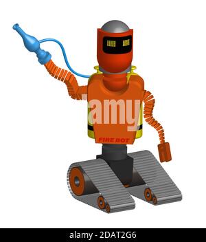 caterpillar robot to extinguish a fire. Doing hazardous work with special equipment. Isolated vector on white background Stock Vector