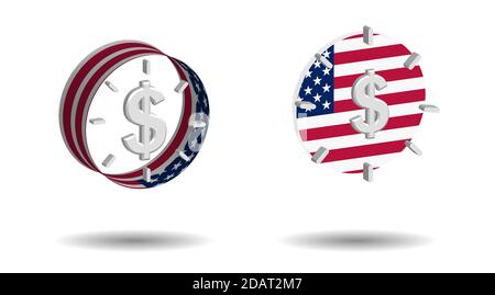 set of multi-colored alarm clocks with us dollar sign and american flag elements on a transparent background Stock Vector