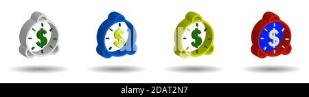 set of multi-colored alarm clocks in 3D style with us dollar sign on a transparent background Stock Vector