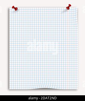 squared paper sheet pinned by red pins. For daily notes. Reminder, design element, template. Isolated realistic vector on white background Stock Vector