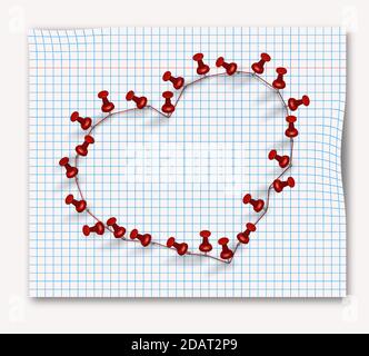 Heart made up of pins and red thread on a notebook sheet into a cage. Romantic illustration. Isolated vector Stock Vector