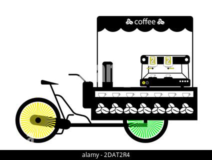 Van, bike for the street sale of coffee. Visiting trade. Illustration in a linear style. Isolated vector on white background Stock Vector