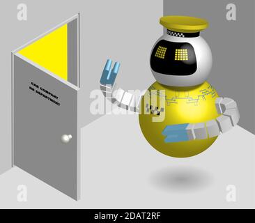 Isometric. Robot taxi driver came to get a job in a taxi park. Technologies of the future. Professions at risk of unemployment due to robotization. Ve Stock Vector