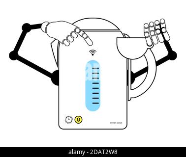 smart electric kettle with robot hands. Household appliances from the smart home series. Isolated vector on white background Stock Vector