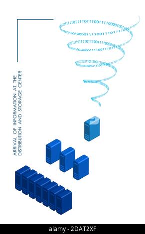 Infographic element in isometric. The receipt of information in the data storage and distribution center. Isolated vector on a white background Stock Vector