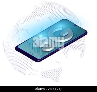 5G sign on the background of the globe and a smartphone in digital style. The new standard for internet connectivity. High speed network global networ Stock Vector