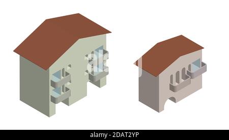ski hotels, two big isometric houses. Isolated vector on white background Stock Vector