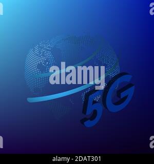 5G sign on a background of the globe in digital style. The new standard for internet connectivity. High speed network global network on blue back Stock Vector