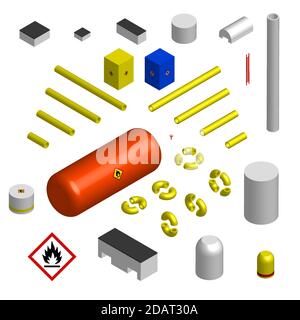 Set of isometric elements for the construction of a gas pipeline and infrastructure. Pipes, hangars, boiler room. Isolated vector on white background Stock Vector