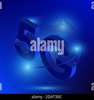 5G sign on the background of the digital style globe. The new standard for internet connectivity. High speed global network on blue background Stock Vector