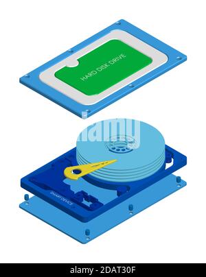 disassembled hard drive in isometry, realistic performance. Device circuit smart device. Isolated vector on white background Stock Vector