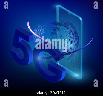5G sign on the background of the smartphone in digital style. The new standard for internet connectivity. High speed network global network on blue ba Stock Vector