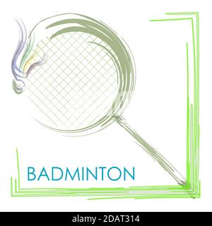 badminton tournament logo. Tennis racket and shuttlecock in abstract paint lines. Isolated vector on white background Stock Vector