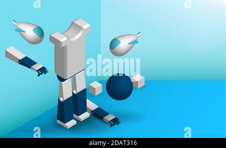 Isometry, toy aircraft, airplanes assemble a humanoid robot. New technologies. Illustration Stock Vector
