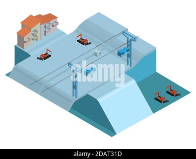 Alpine village with houses, mountain snowy slopes, ski lifts and snowmobiles. Isometric illustration Stock Vector
