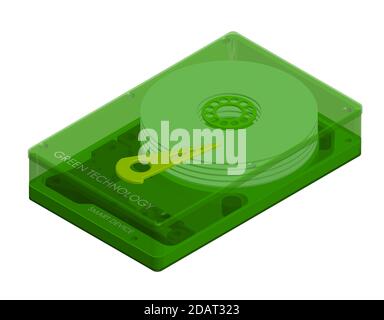 isometric hard drive with transparent cover, green technology. Internal organization. Isolated vector on white background Stock Vector