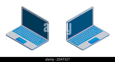 Isometric, portable laptop in an original style. Squared school notebook with imitation ink drawing. Isolated vector on white background Stock Vector