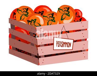 persimmons, a wooden box with juicy fruits, vitamins. Isolated vector on white background Stock Vector