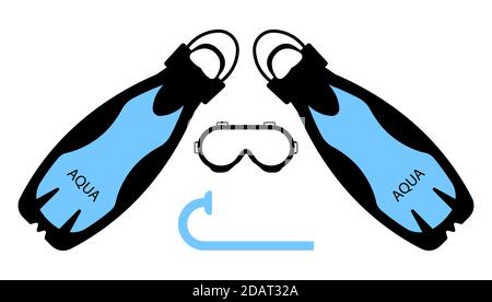 swimming flippers, scuba diver mask and breathing tube. Ammunition freediver. Isolated vector on white background in a flat style Stock Vector