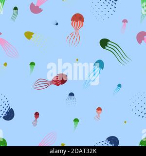 Seamless pattern of colored jellyfish, sea inhabitants. Vector on a blue background Stock Vector