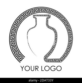 Logo greek vase, jug with ornament elements, patterns. Isolated vector on black and white background Stock Vector