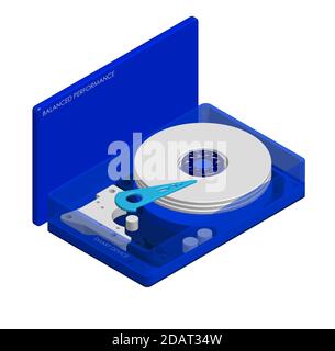 isometric hard drive with transparent cover, balanced performance. Internal organization. Isolated vector on white background Stock Vector
