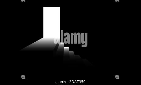 Light from the doorway. Step down from the door. Black and white illustration on the theme of fear or success. Vector Stock Vector