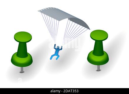 Microcosm, paraglider flies on a paper parachute. Strengthens a person. Extreme sport. Vector illustration, imitation of ink drawing on squared notebo Stock Vector