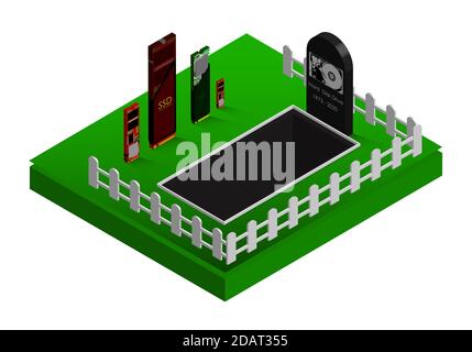 obsolescence of electronics. SSD is burying the HDD. Isometric illustration Stock Vector