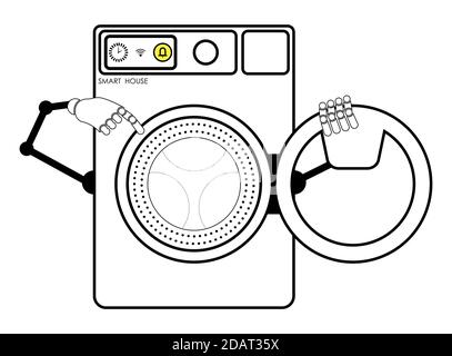 smart washing machine with an open laundry loading door with robot hands. Household appliances from the smart home series. Isolated vector on white ba Stock Vector