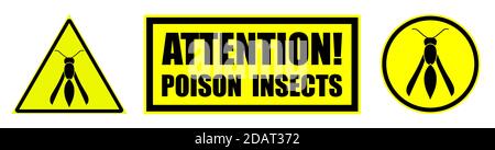 Set of yellow black danger signs, attention. The attack of poisonous insects. Isolated vector Stock Vector