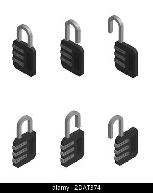 isometric locks with a digital code password in open and closed position in gray colors on a white background. Isolated vector Stock Vector