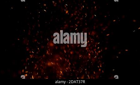 Realistic Burning fire sparks and embers with illuminating light effects on a dark background.4k High quality, 3D render Stock Photo