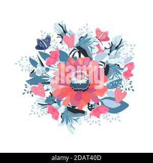 Vector bouquet of flowers with butterflies and hearts. Pink zinnia with blue leaves. Stock Vector