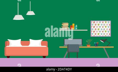 Living room interior. Comfortable sofa, TV, window, chair and house plants. Vector flat illustration Stock Vector