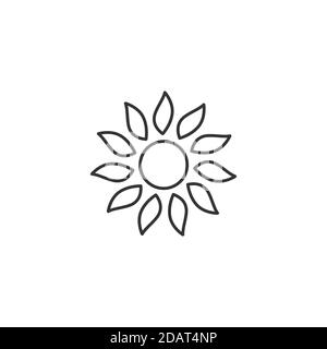 Sun with petals rays icon. Flat symbol. Sun flower with curved petals. Vector illustration. Black and white. Thick outline. Summer sign. Stock Vector