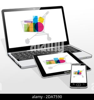 A Laptop, Tablet PC and Smart Phone devices presenting an online e-retail (e-commerce) shopping icon on screen. Stock Vector