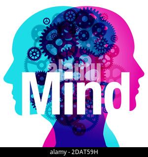 A Male and Female side silhouette profile overlaid with various semi-transparent Machine Gears shapes. Centrally placed is the word “Mind”. Stock Vector