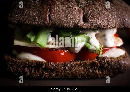 Club sandwich with ham, cheese, red tomatoes, green onions close up on a black background. Stock Photo