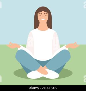 young girl meditating, vector illustration, flat style Stock Photo
