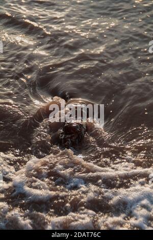 Waves lapping road the pebbles on the beach Stock Photo