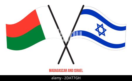 Madagascar and Israel flags waving together on blue cloudy sky, two ...