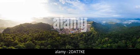 Aerial view of Phongsali, North Laos near China. Yunnan style town on scenic mountain ridge. Travel destination for tribal trekking in Akha villages. Stock Photo