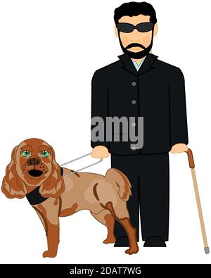 Blind man with dog by guide and walking stick on white background is insulated Stock Vector
