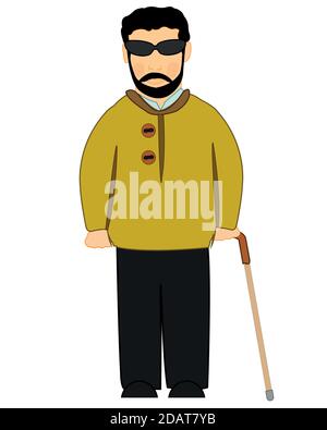 Blind man with walking stick on white background is insulated Stock Vector