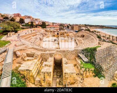 5 March 2020: Tarragona, Spain - The Roman Amphitheatre in Tarragona in Spring. Stock Photo